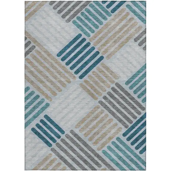 Teal Blue Wheat And Gray Geometric Washable Indoor Outdoor Area Rug Photo 3