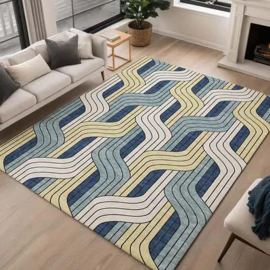 Teal Blue Wheat And Ivory Striped Washable Indoor Outdoor Area Rug Photo 5