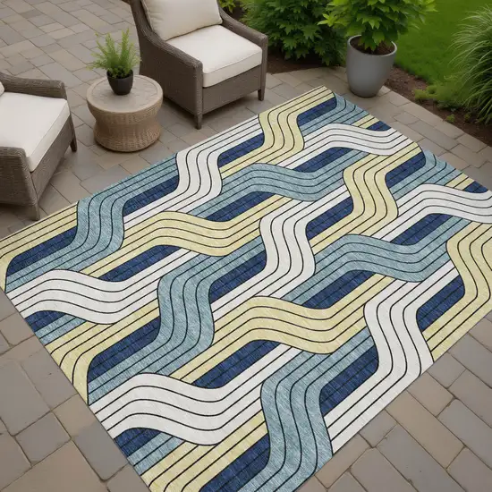 Teal Blue Wheat And Ivory Striped Washable Indoor Outdoor Area Rug Photo 7