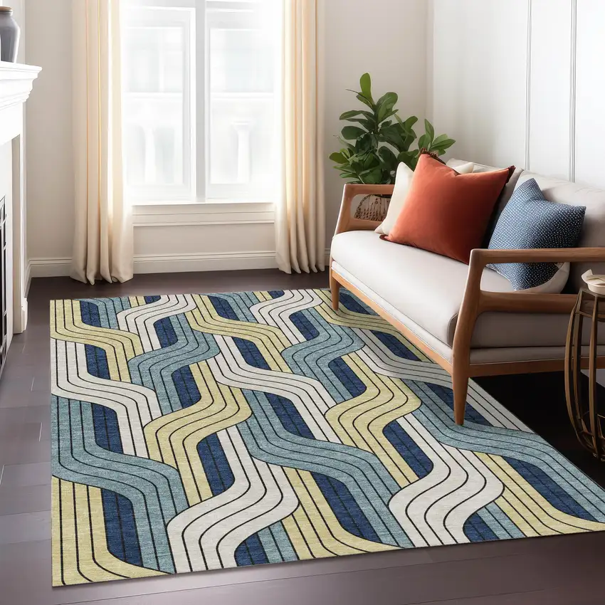 Teal Blue Wheat And Ivory Striped Washable Indoor Outdoor Area Rug Photo 6