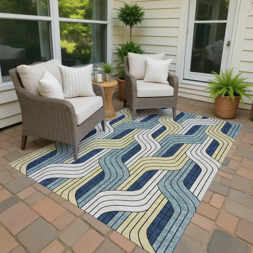 Teal Blue Wheat And Ivory Striped Washable Indoor Outdoor Area Rug Photo 4