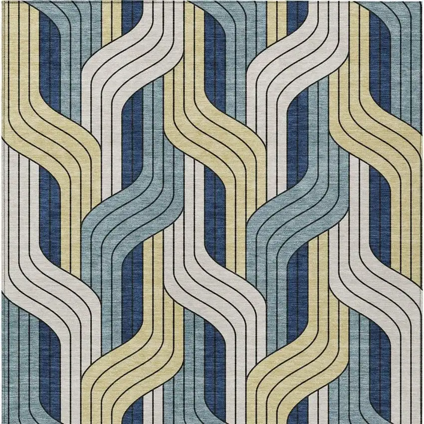 Teal Blue Wheat And Ivory Striped Washable Indoor Outdoor Area Rug Photo 3