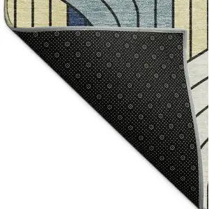 Photo of Teal Blue Wheat And Ivory Striped Washable Indoor Outdoor Area Rug