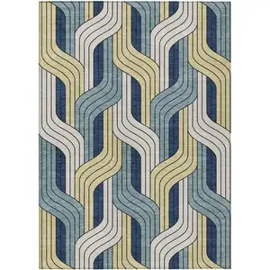 Photo of Teal Blue Wheat And Ivory Striped Washable Indoor Outdoor Area Rug