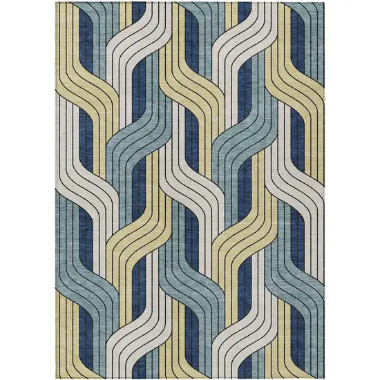 Teal Blue Wheat And Ivory Striped Washable Indoor Outdoor Area Rug Photo 1