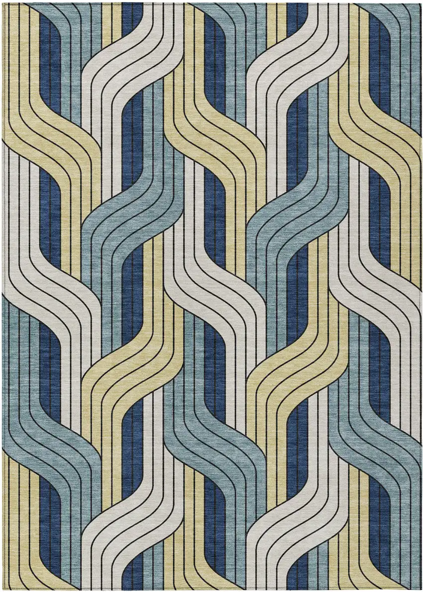 Teal Blue Wheat And Ivory Striped Washable Indoor Outdoor Area Rug Photo 1