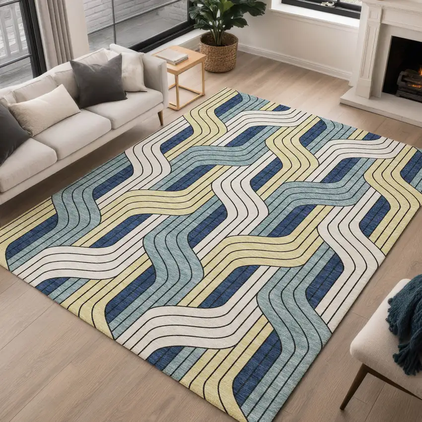 Teal Blue Wheat And Ivory Striped Washable Indoor Outdoor Area Rug Photo 5
