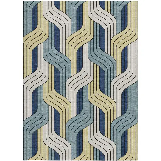 Teal Blue Wheat And Ivory Striped Washable Indoor Outdoor Area Rug Photo 3