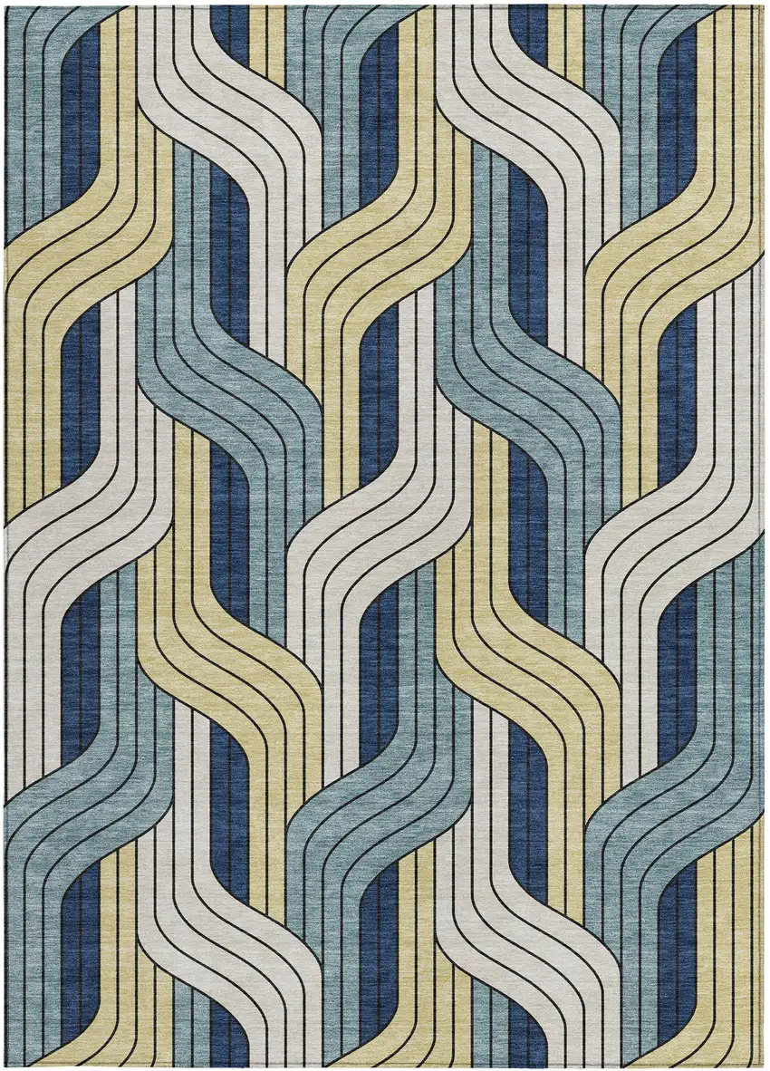 Teal Blue Wheat And Ivory Striped Washable Indoor Outdoor Area Rug Photo 3