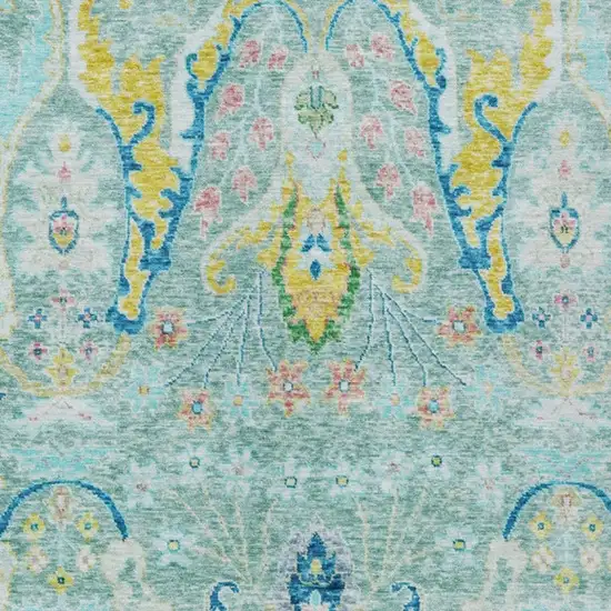 Teal Blue Yellow And Green Floral Washable Indoor Outdoor Area Rug Photo 3