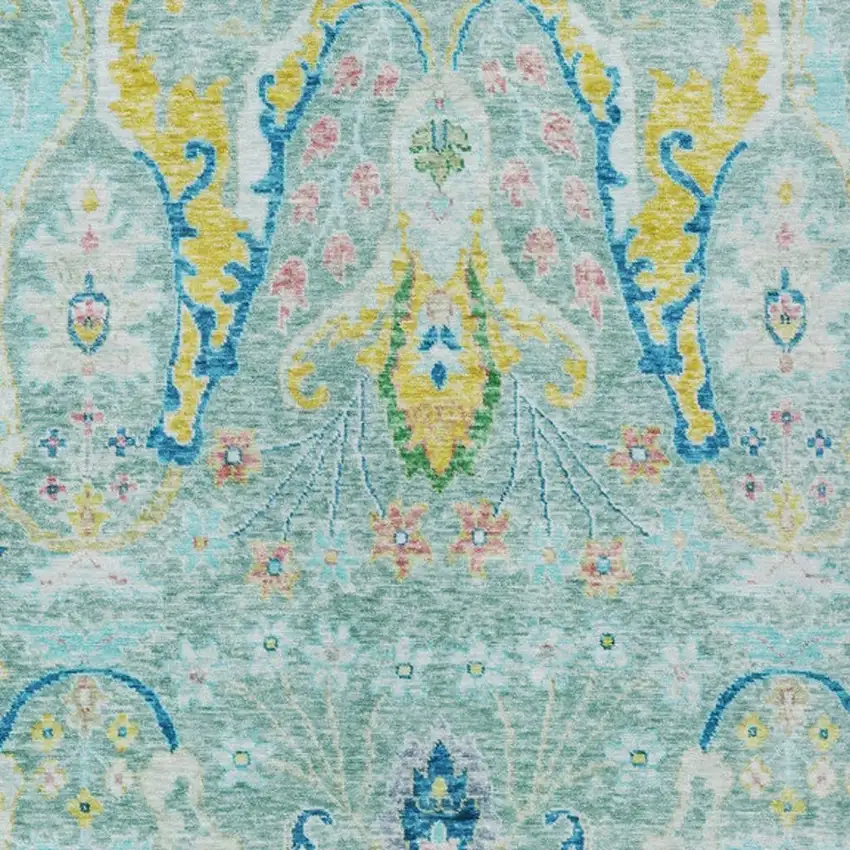 Teal Blue Yellow And Green Floral Washable Indoor Outdoor Area Rug Photo 3