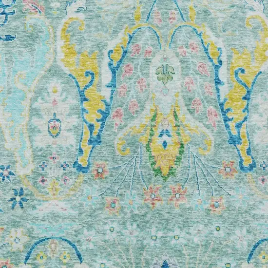 Teal Blue Yellow And Green Floral Washable Indoor Outdoor Area Rug Photo 7