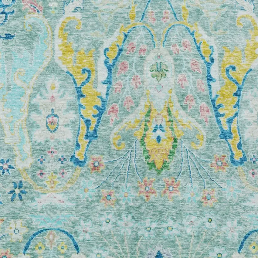 Teal Blue Yellow And Green Floral Washable Indoor Outdoor Area Rug Photo 7
