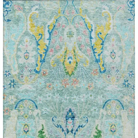 Teal Blue Yellow And Green Floral Washable Indoor Outdoor Area Rug Photo 4