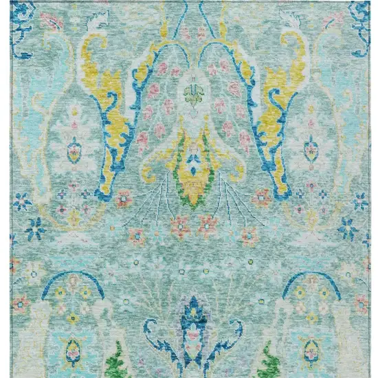 Teal Blue Yellow And Green Floral Washable Indoor Outdoor Area Rug Photo 8