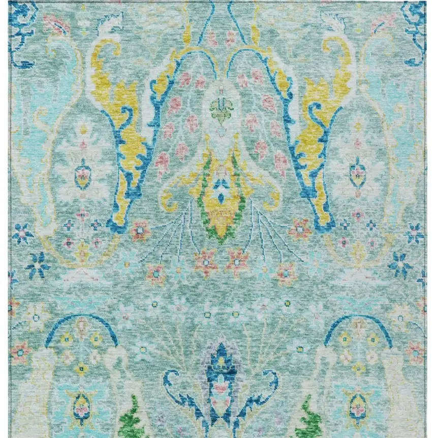 Teal Blue Yellow And Green Floral Washable Indoor Outdoor Area Rug Photo 8