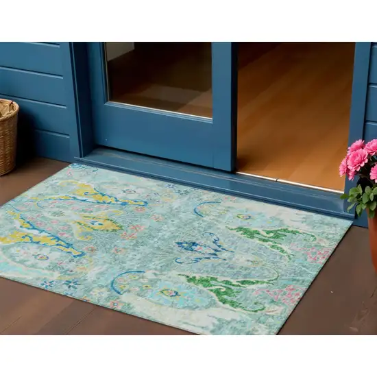 Teal Blue Yellow And Green Floral Washable Indoor Outdoor Area Rug Photo 1