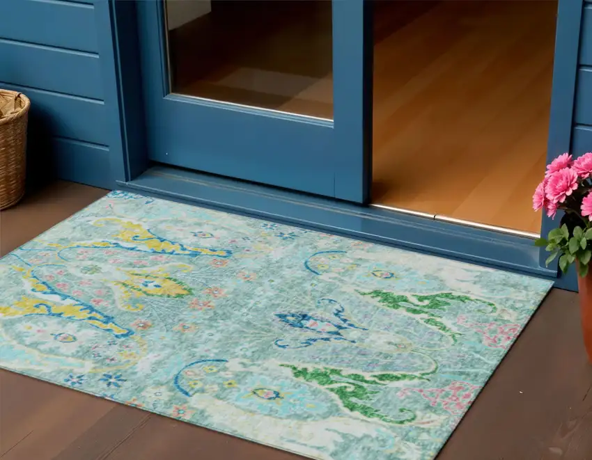 Teal Blue Yellow And Green Floral Washable Indoor Outdoor Area Rug Photo 1