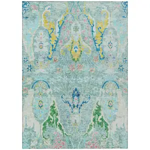 Photo of Teal Blue Yellow And Green Floral Washable Indoor Outdoor Area Rug