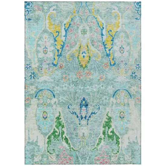 Teal Blue Yellow And Green Floral Washable Indoor Outdoor Area Rug Photo 1