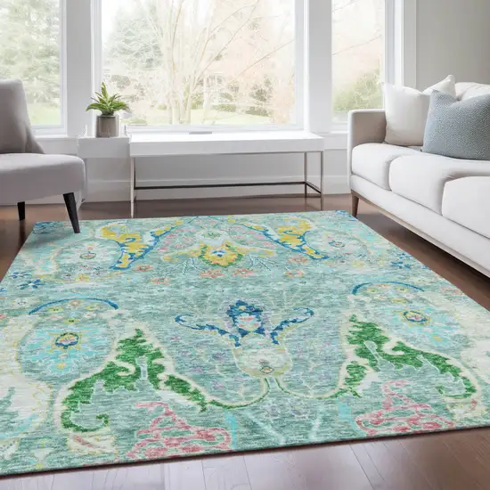 Teal Blue Yellow And Green Floral Washable Indoor Outdoor Area Rug Photo 7