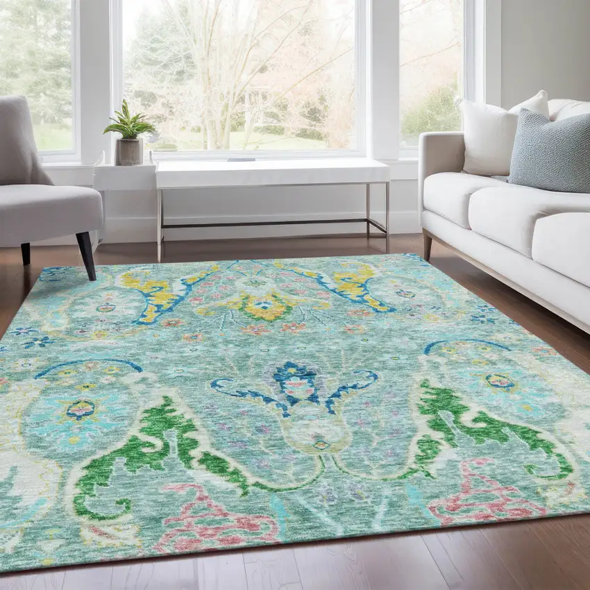Teal Blue Yellow And Green Floral Washable Indoor Outdoor Area Rug Photo 7