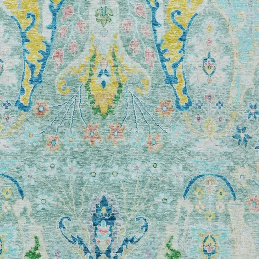 Teal Blue Yellow And Green Floral Washable Indoor Outdoor Area Rug Photo 4