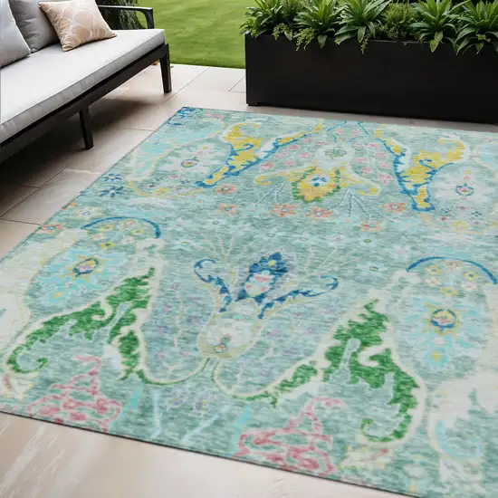 Teal Blue Yellow And Green Floral Washable Indoor Outdoor Area Rug Photo 2