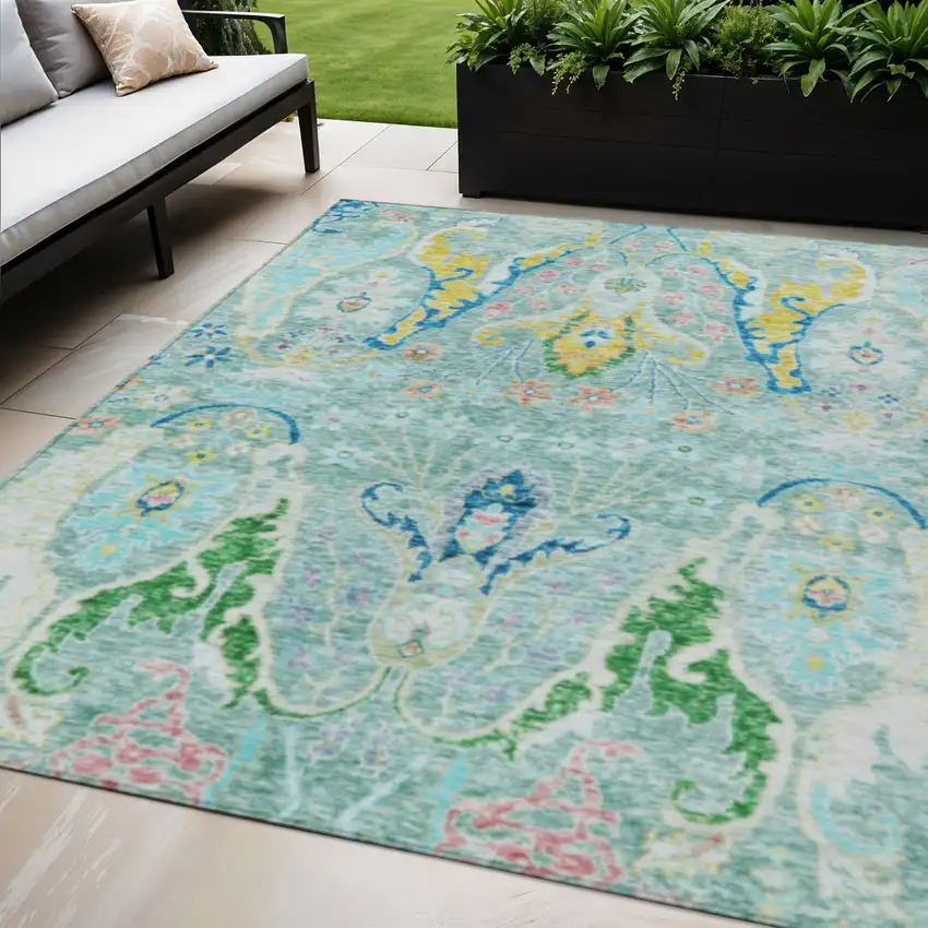 Teal Blue Yellow And Green Floral Washable Indoor Outdoor Area Rug Photo 2