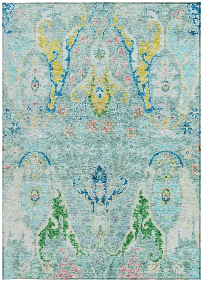 Teal Blue Yellow And Green Floral Washable Indoor Outdoor Area Rug Photo 3