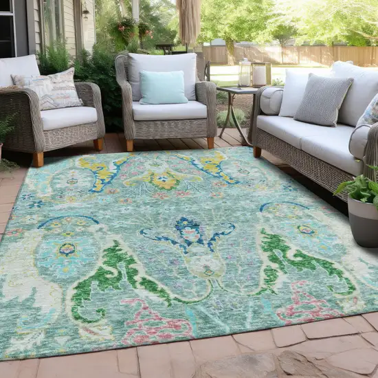 Teal Blue Yellow And Green Floral Washable Indoor Outdoor Area Rug Photo 5