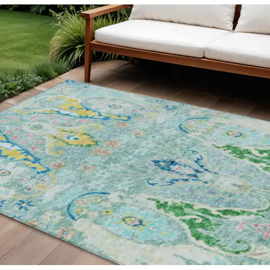 Teal Blue Yellow And Green Floral Washable Indoor Outdoor Area Rug Photo 2