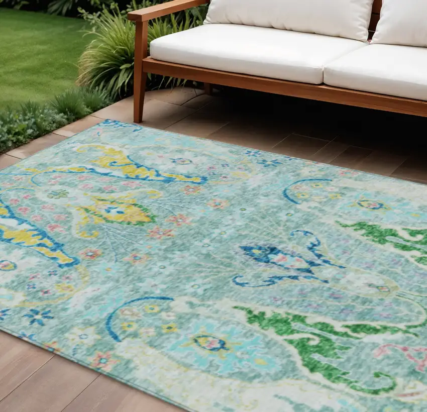 Teal Blue Yellow And Green Floral Washable Indoor Outdoor Area Rug Photo 2