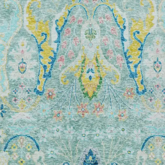 Teal Blue Yellow And Green Floral Washable Indoor Outdoor Area Rug Photo 7