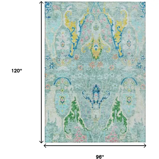Teal Blue Yellow And Green Floral Washable Indoor Outdoor Area Rug Photo 9