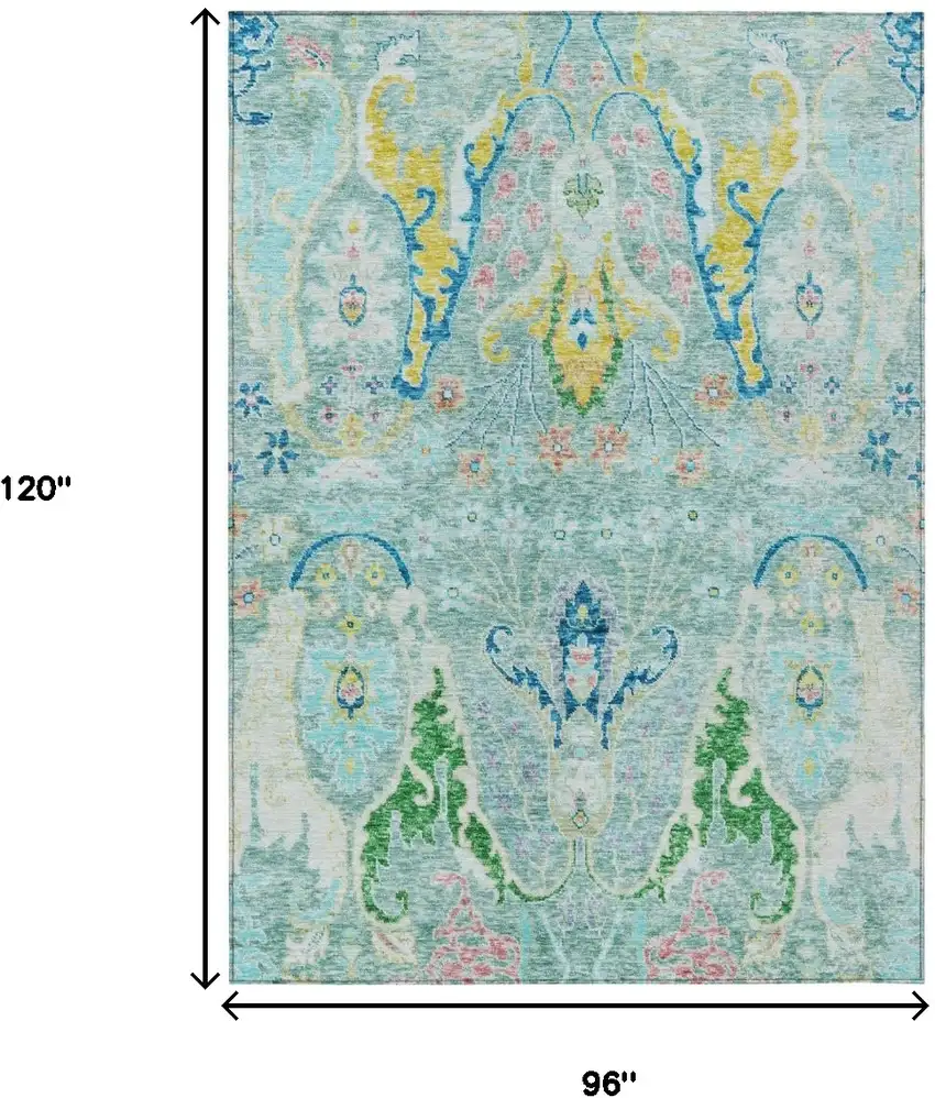 Teal Blue Yellow And Green Floral Washable Indoor Outdoor Area Rug Photo 9