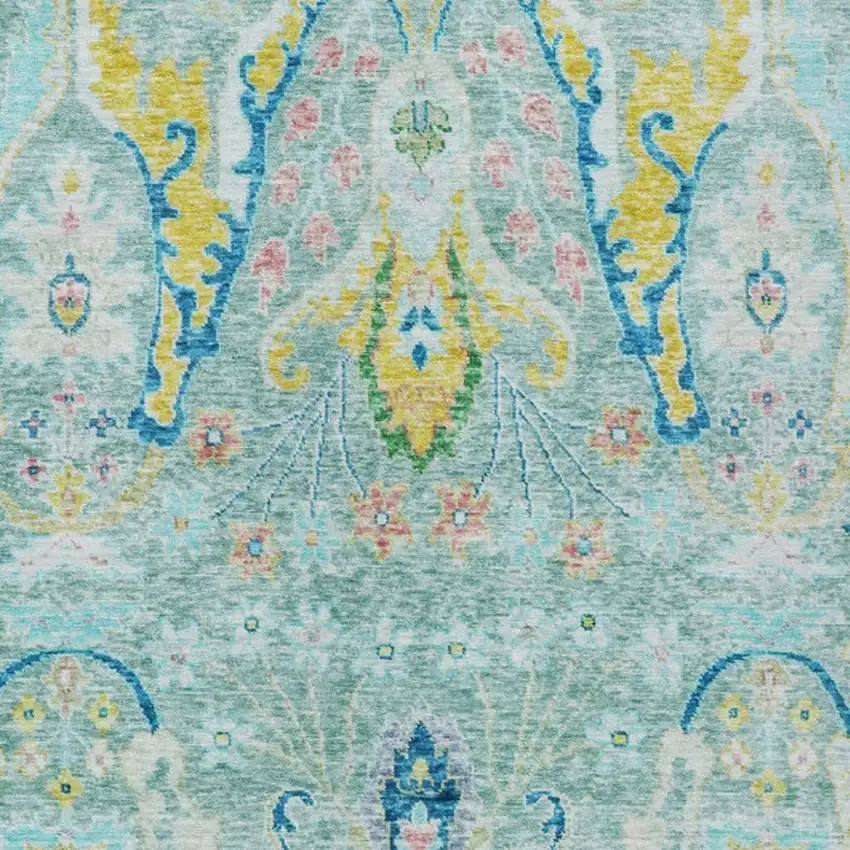 Teal Blue Yellow And Green Floral Washable Indoor Outdoor Area Rug Photo 4