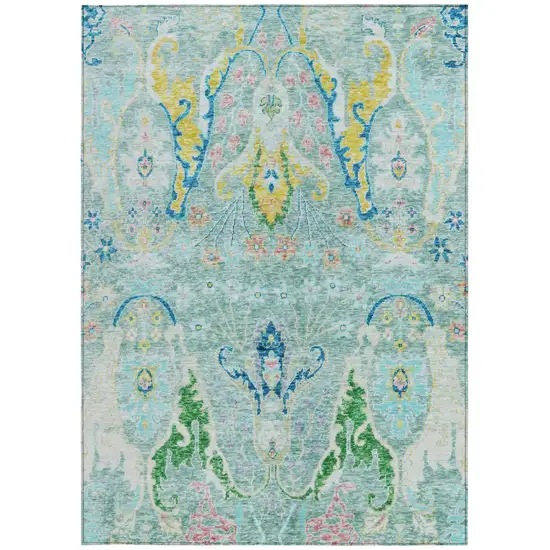 Teal Blue Yellow And Green Floral Washable Indoor Outdoor Area Rug Photo 3