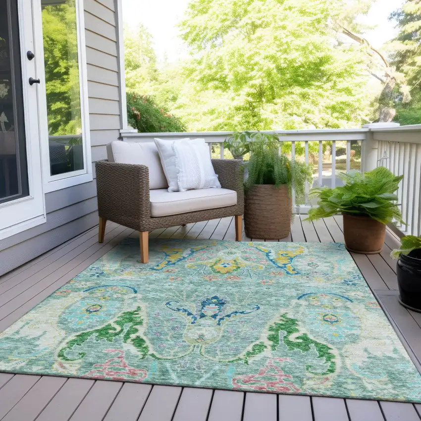 Teal Blue Yellow And Green Floral Washable Indoor Outdoor Area Rug Photo 8