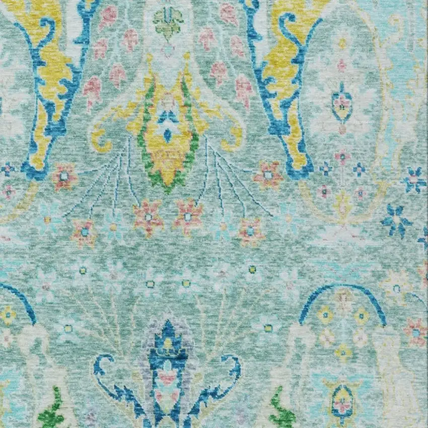 Teal Blue Yellow And Green Floral Washable Indoor Outdoor Area Rug Photo 4