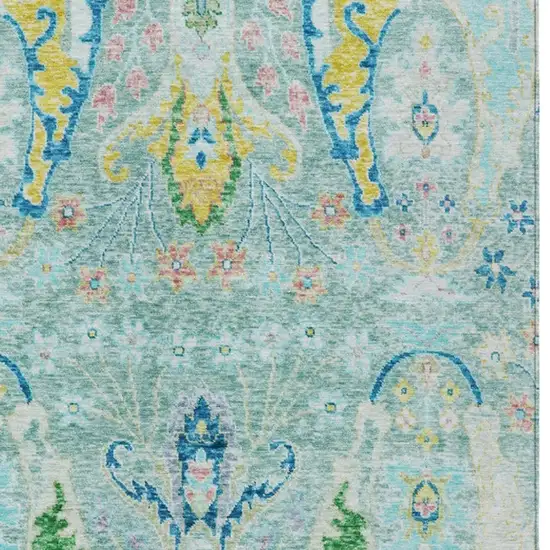 Teal Blue Yellow And Green Floral Washable Indoor Outdoor Area Rug Photo 3