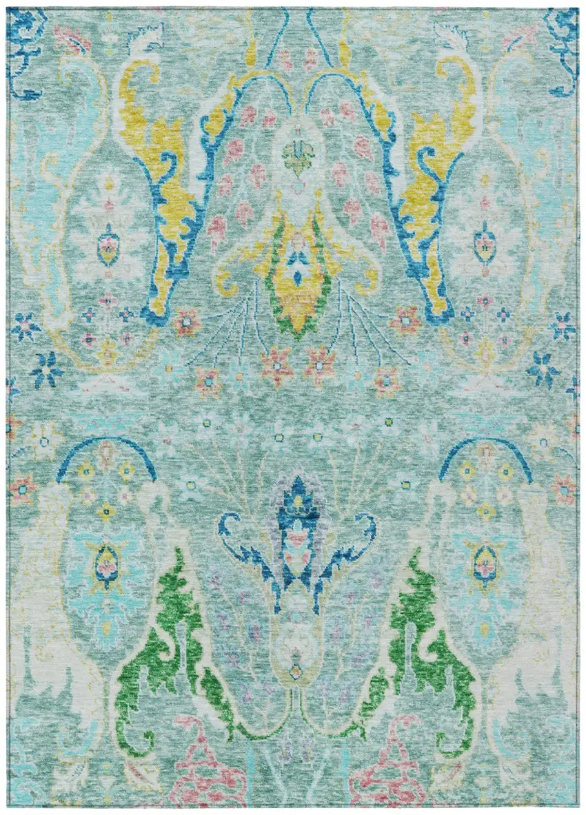 Teal Blue Yellow And Green Floral Washable Indoor Outdoor Area Rug Photo 1