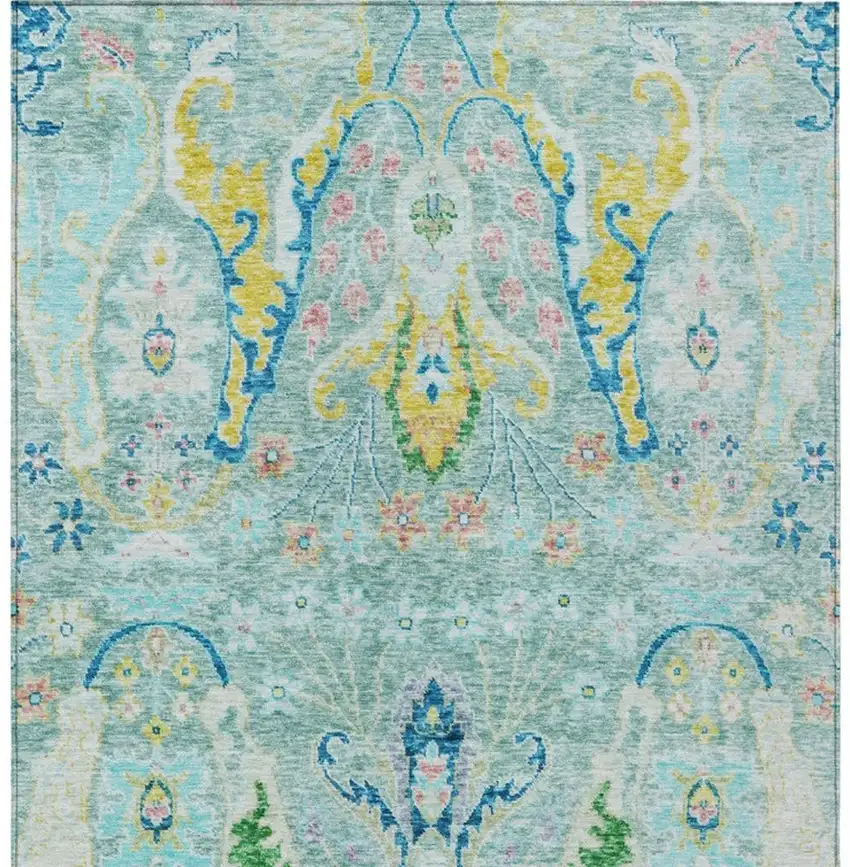 Teal Blue Yellow And Green Floral Washable Indoor Outdoor Area Rug Photo 4