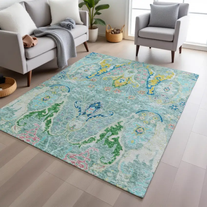 Teal Blue Yellow And Green Floral Washable Indoor Outdoor Area Rug Photo 6