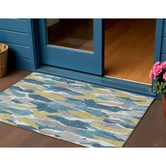 Teal Blue Yellow And Ivory Striped Washable Indoor Outdoor Area Rug Photo 1
