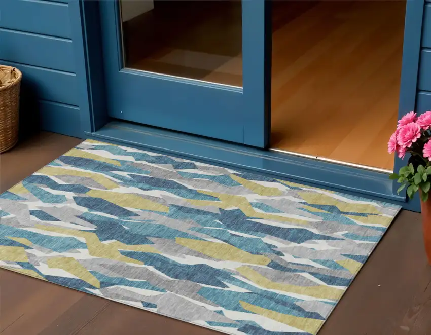 Teal Blue Yellow And Ivory Striped Washable Indoor Outdoor Area Rug Photo 1