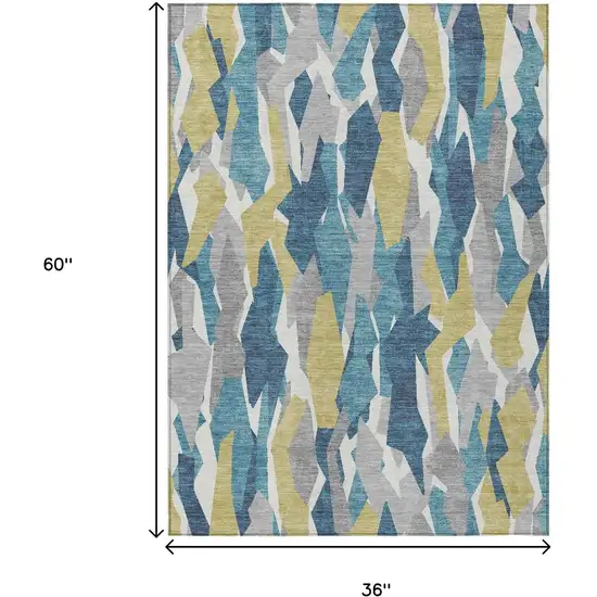 Teal Blue Yellow And Ivory Striped Washable Indoor Outdoor Area Rug Photo 3