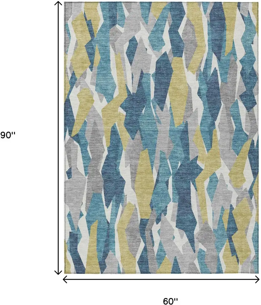 Teal Blue Yellow And Ivory Striped Washable Indoor Outdoor Area Rug Photo 3