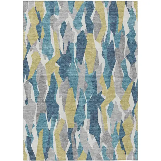 Teal Blue Yellow And Ivory Striped Washable Indoor Outdoor Area Rug Photo 2