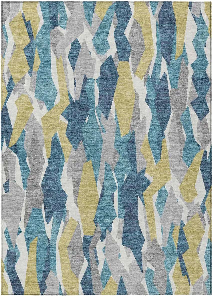 Teal Blue Yellow And Ivory Striped Washable Indoor Outdoor Area Rug Photo 2